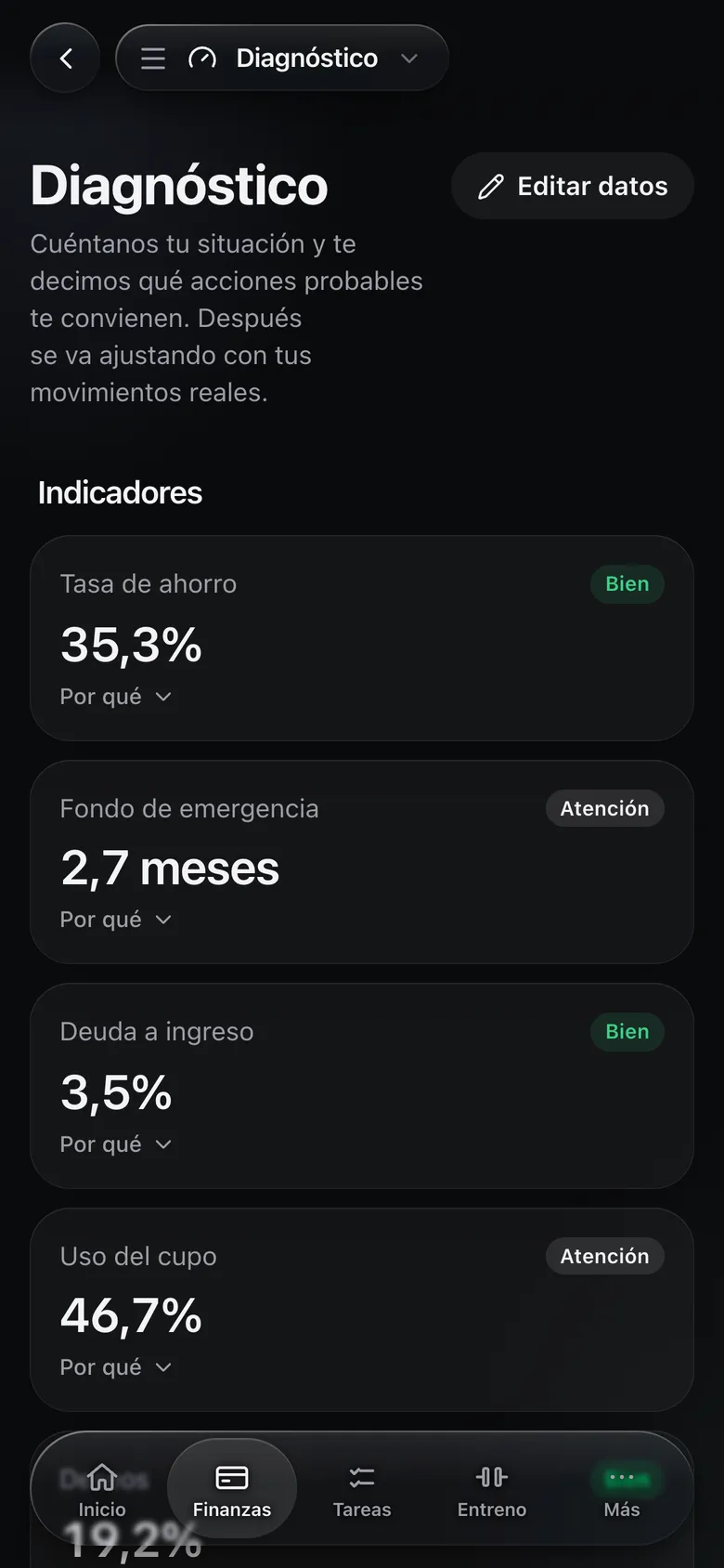 Diagnóstico: indicadores de tasa de ahorro, fondo de emergencia, deuda a ingreso y uso del cupo