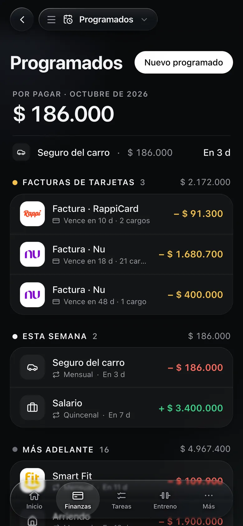 Programados: facturas de tarjetas y pagos de la semana